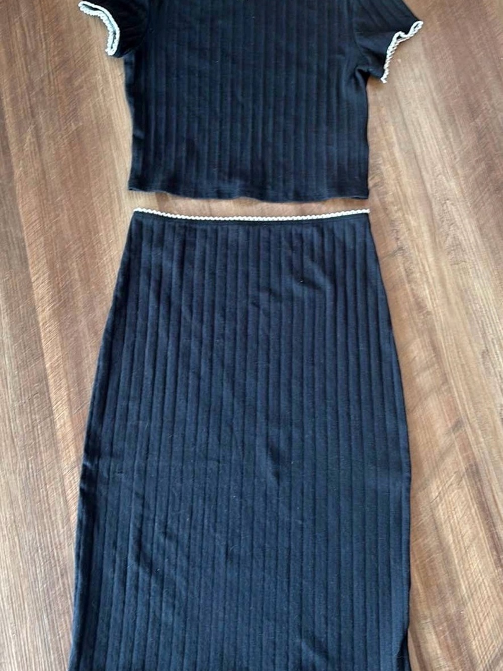 Reformation Black Ribbed Knit Midi Skirt with White Trim